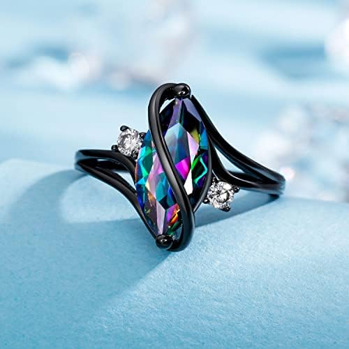 18K Black Gold Plated Rainbow CZ Marquise Promise Rings for Women Cocktail Eternity Band Party Birthday Gifts Fashion Jewelry(9)