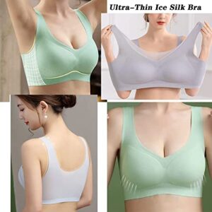 Ultra-Thin Ice Silk Bra, Plus Size Comfort Bra Silk Seamless Daily Sport Bras Beauty Back Yoga Bra with Removable Pads (Black+Blue, 5XL)