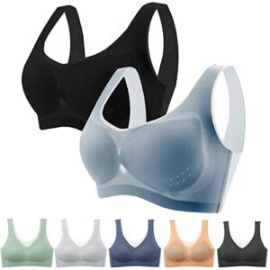 Ultra-Thin Ice Silk Bra, Plus Size Comfort Bra Silk Seamless Daily Sport Bras Beauty Back Yoga Bra with Removable Pads (Black+Blue, 5XL)