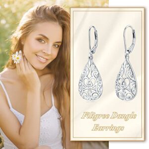 VONALA Filigree Teardrop Earrings for Women Sterling Silver Filigree Teardrop Dangle Earrings Filigree Leverback Earrings for Women Birthday Gift