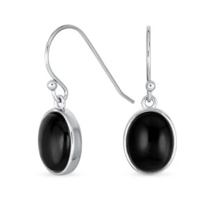 classic elegant black onyx bezel set oval cabochon gemstone drop earrings for women .925 sterling silver wire fish hook