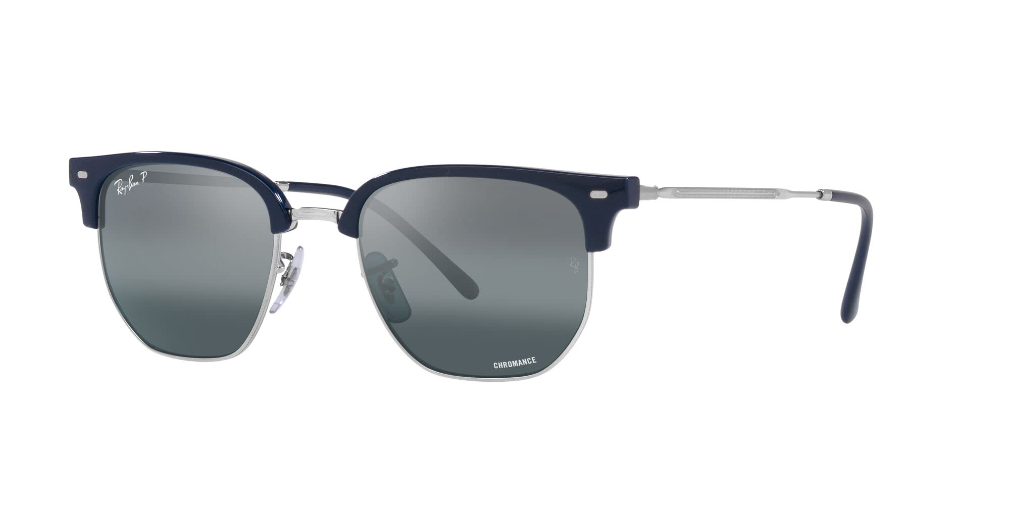 Ray-Ban RB4416 New Clubmaster Square Sunglasses, Blue on Silver/Blue Mirrored Polarized, 51 mm