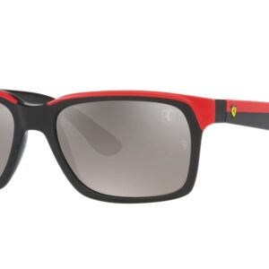 Ray-Ban RB4393M Scuderia Ferrari Collection Rectangular Sunglasses, Black on Rubber Red/Grey Mirrored Gradient Polarized, 56 mm