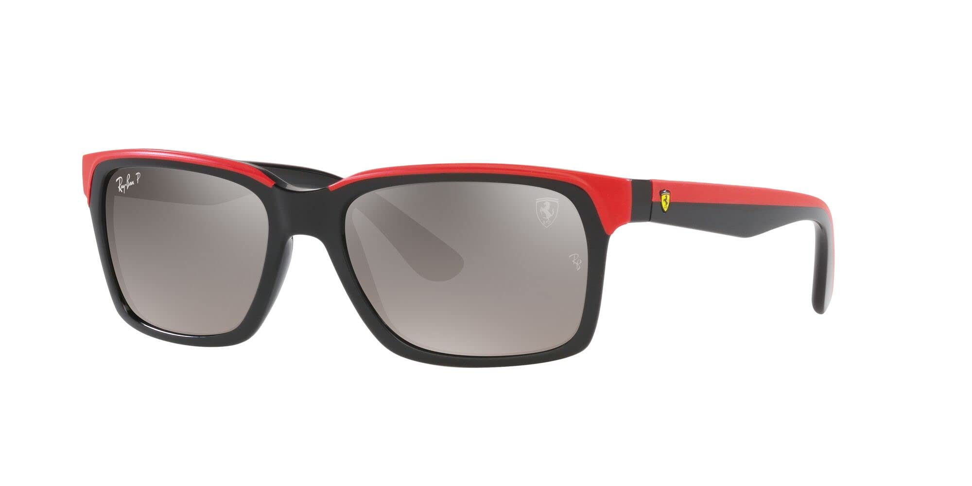 Ray-Ban RB4393M Scuderia Ferrari Collection Rectangular Sunglasses, Black on Rubber Red/Grey Mirrored Gradient Polarized, 56 mm