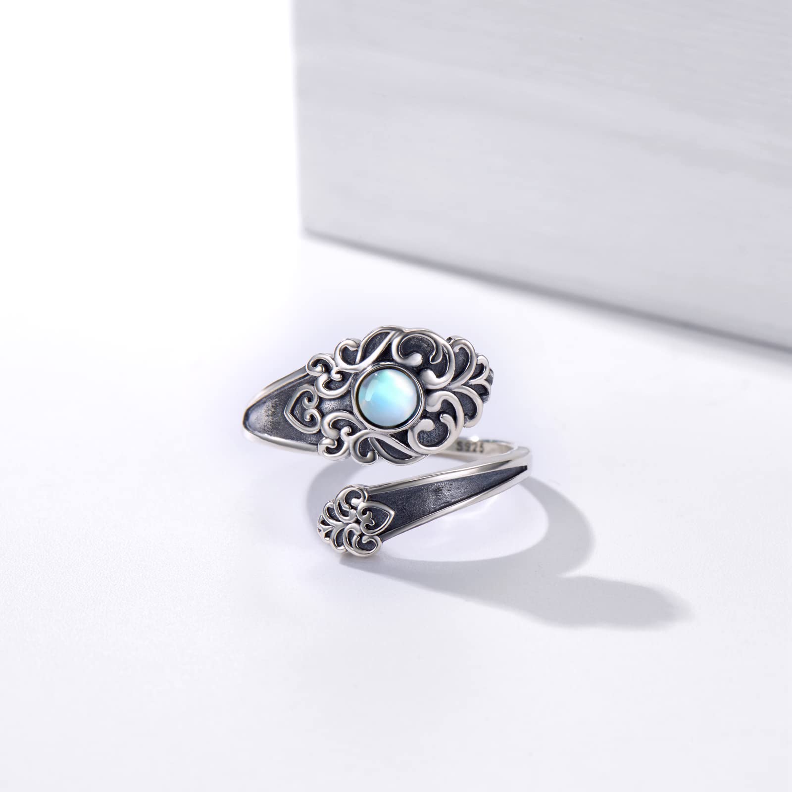 Moonstone Spoon Ring 925 Sterling Silver Open Adjustable Ring Oxidized Victorian Vintage Flower Thumb Rings for Women