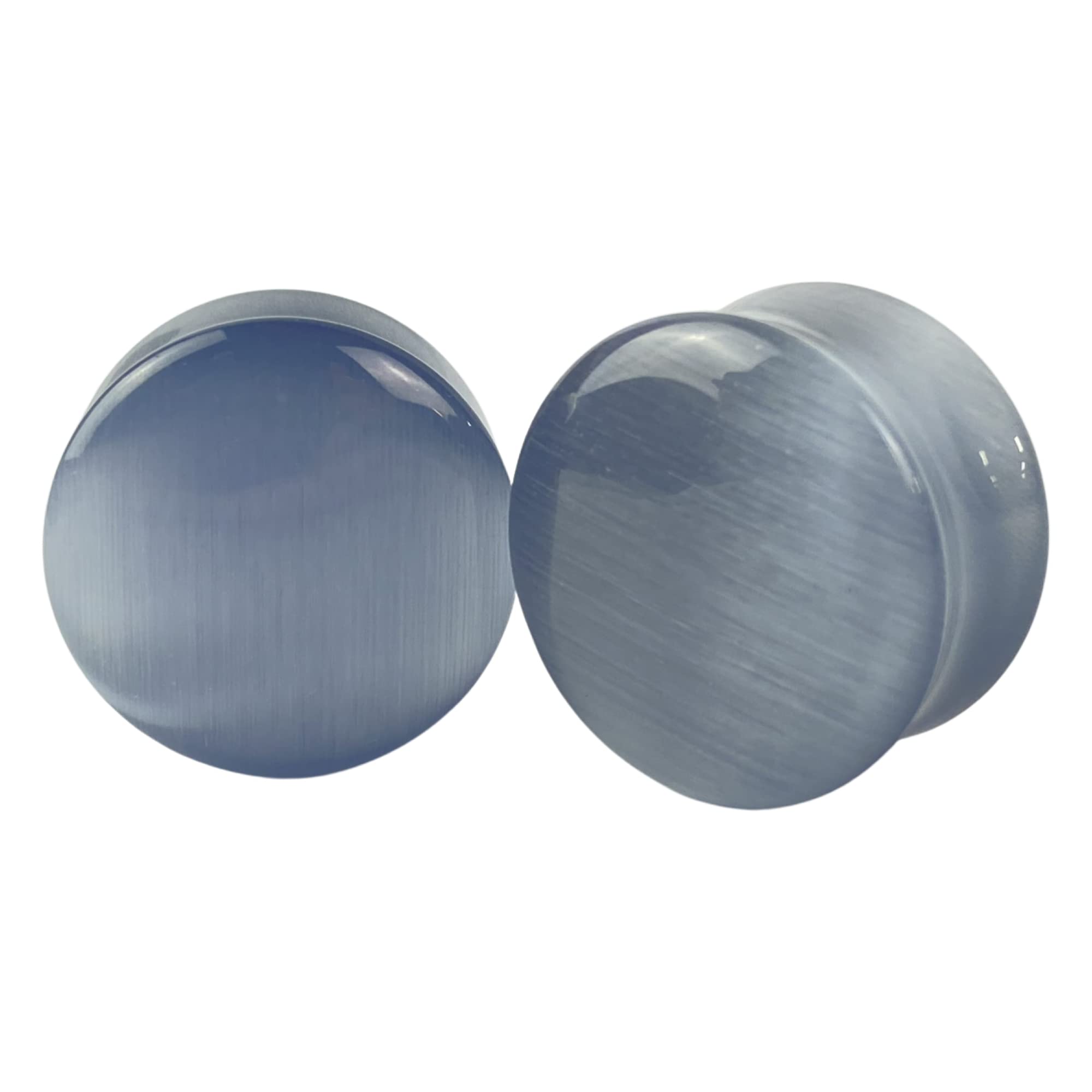 Mystic Metals Body Jewelry Pair of Convex Grey Cat Eye Stone Double Flare Plugs (STN-694) (7/16" (11mm))