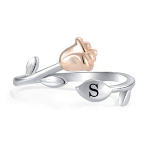 STARCHENIE Rose Initial Ring for Women 925 Sterling Silver Letter S Alphabet Adjustable Ring Size 7