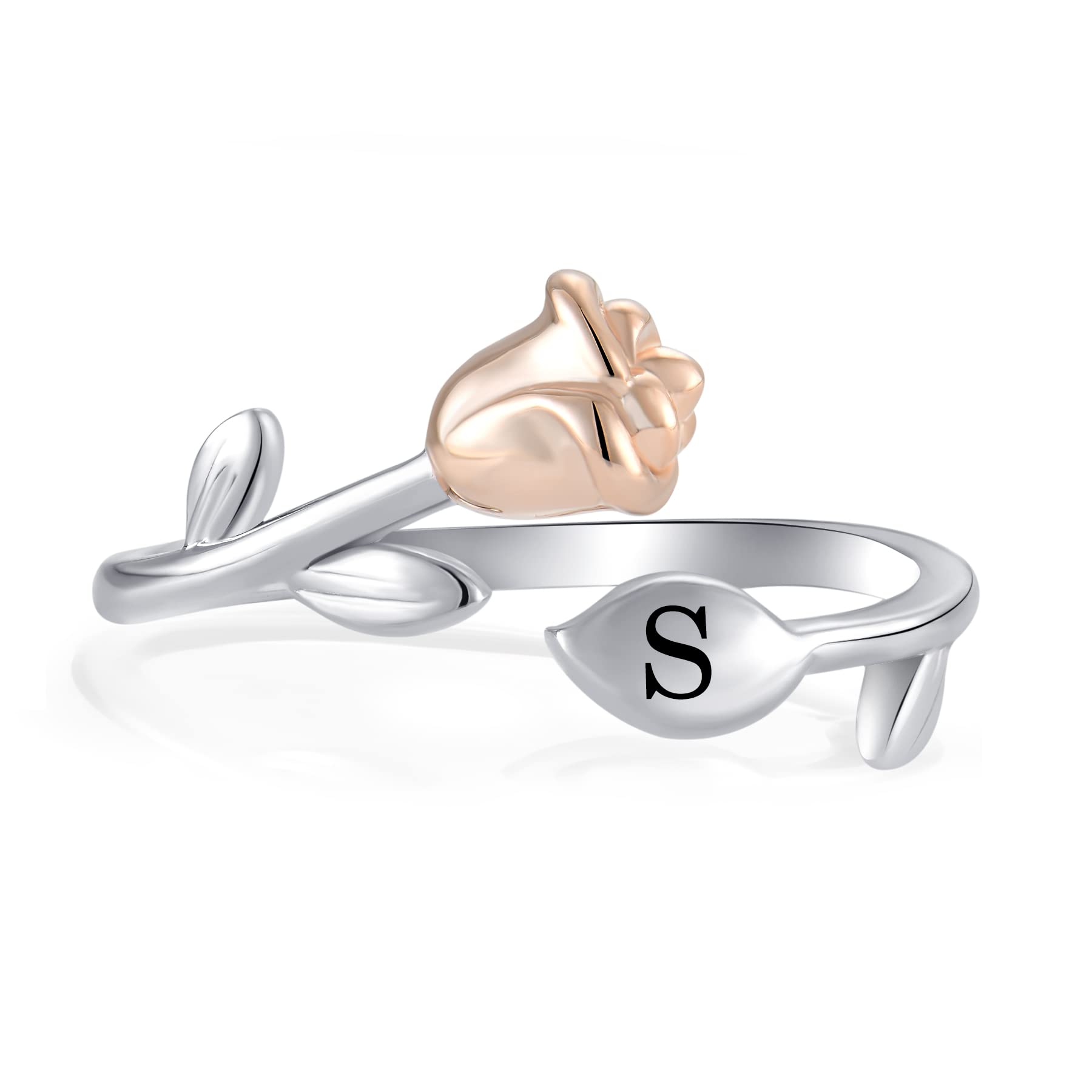 STARCHENIE Rose Initial Ring for Women 925 Sterling Silver Letter S Alphabet Adjustable Ring Size 7