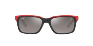 ray-ban rb4393m scuderia ferrari collection rectangular sunglasses, black on rubber red/grey mirrored gradient polarized, 56 mm