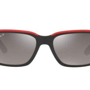 Ray-Ban RB4393M Scuderia Ferrari Collection Rectangular Sunglasses, Black on Rubber Red/Grey Mirrored Gradient Polarized, 56 mm