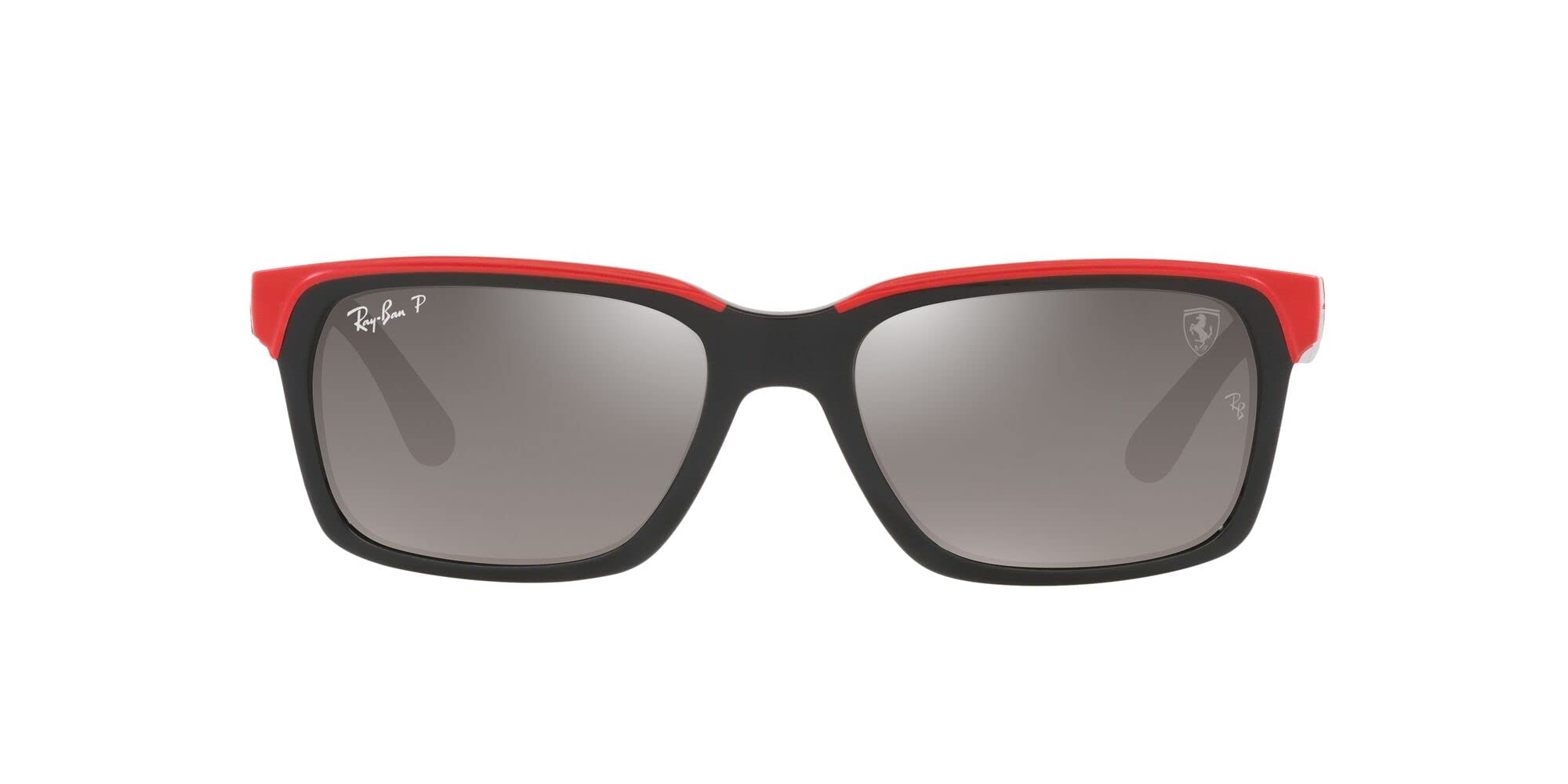 Ray-Ban RB4393M Scuderia Ferrari Collection Rectangular Sunglasses, Black on Rubber Red/Grey Mirrored Gradient Polarized, 56 mm