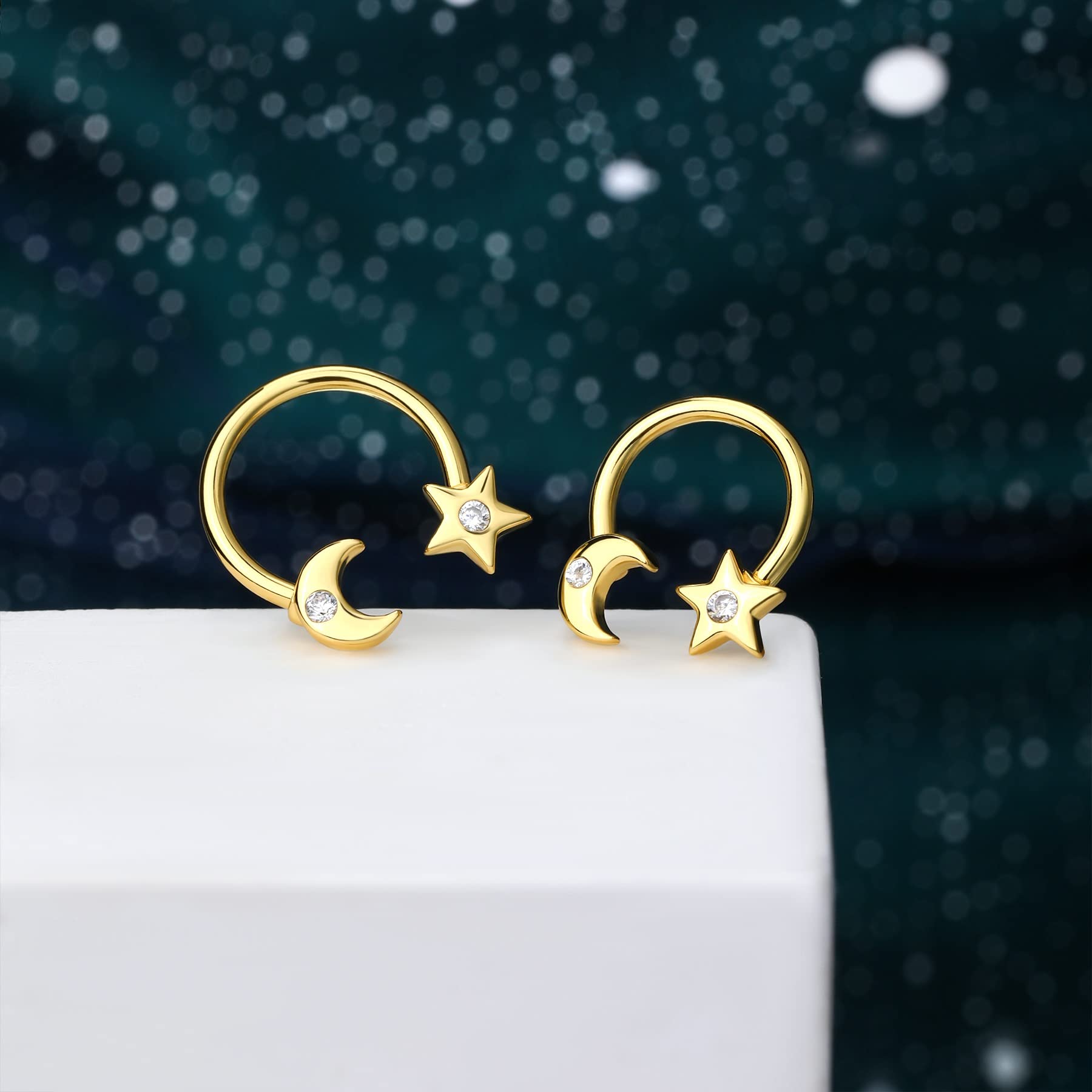 COCHARM Gold Septum Rings 16g, Star and Moon Septum Jewelry Horseshoe Septum Piercing 8mm Dainty Horseshoe Septum Rings Gold Horseshoe Daith Earring Hoop