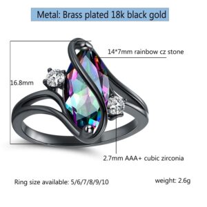 18K Black Gold Plated Rainbow CZ Marquise Promise Rings for Women Cocktail Eternity Band Party Birthday Gifts Fashion Jewelry(9)