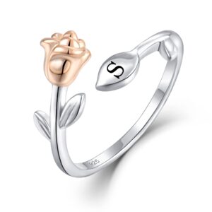 starchenie rose initial ring for women 925 sterling silver letter s alphabet adjustable ring size 7