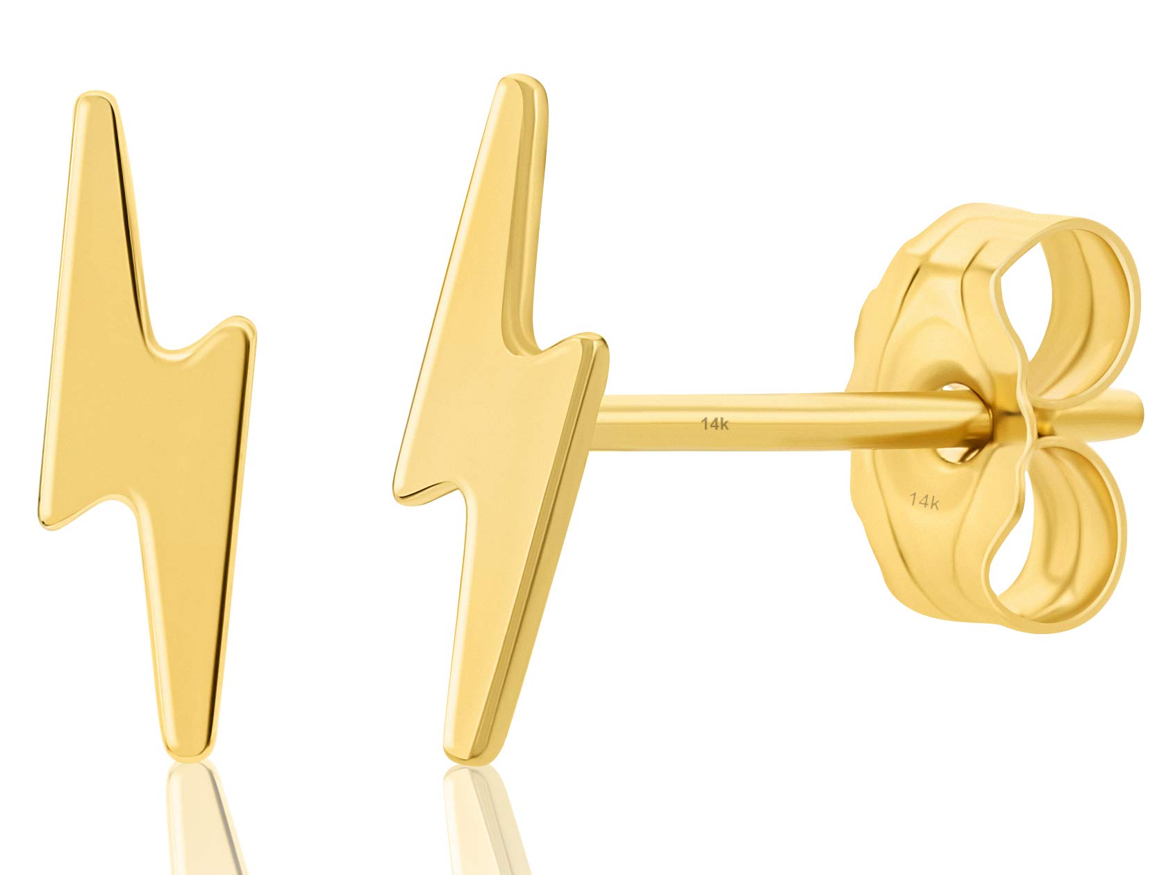 Solid 14K Gold Lightning Bolt Studs Dainty Earrings, Polished Finish, 10mm (Yellow Gold)