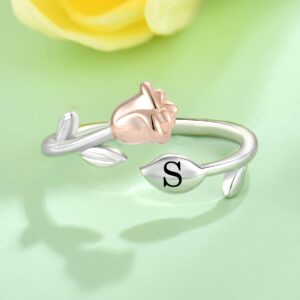 STARCHENIE Rose Initial Ring for Women 925 Sterling Silver Letter S Alphabet Adjustable Ring Size 7