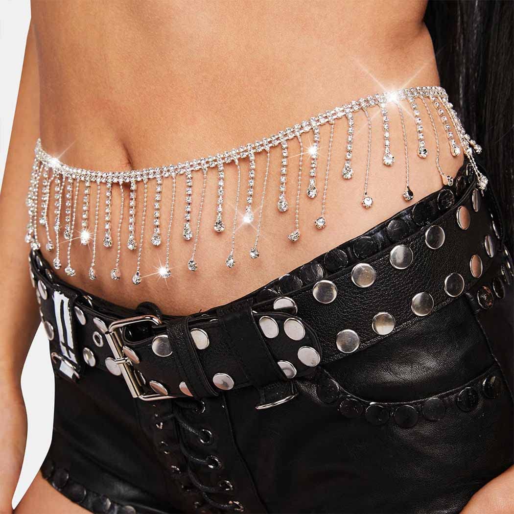 Tgirls Rhinestone Waist Chain Jewelry Sexy Silver Heart Belly Chains Layered Tassels Waist Body Chains Navel Button Ring Piercing Waist Chain Body Accessory for Women and Girls (Silver-tassel)