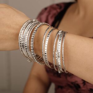 Rumtock 13pcs Boho Silver Bracelet Set for Women Girls Crystal Beads Stackable Bangle Hand Chain Punk Jewelry for Party