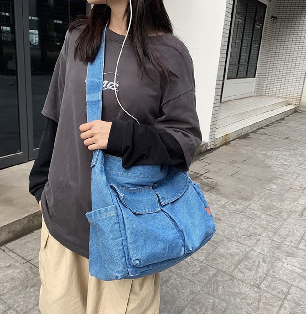 JBB Denim Shoulder Bag Casual Retro Handbag Women Travel Crossbody Bag Lightweight-LIGHT BLUE