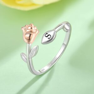 STARCHENIE Rose Initial Ring for Women 925 Sterling Silver Letter S Alphabet Adjustable Ring Size 7