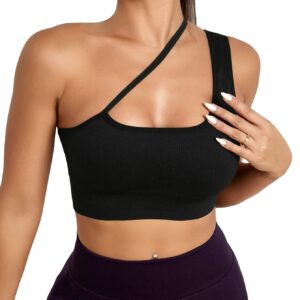 SOLY HUX Women's One Shoulder Sports Bra Cut Out Sleeveless Workout Running Yoga Crop Top Black S