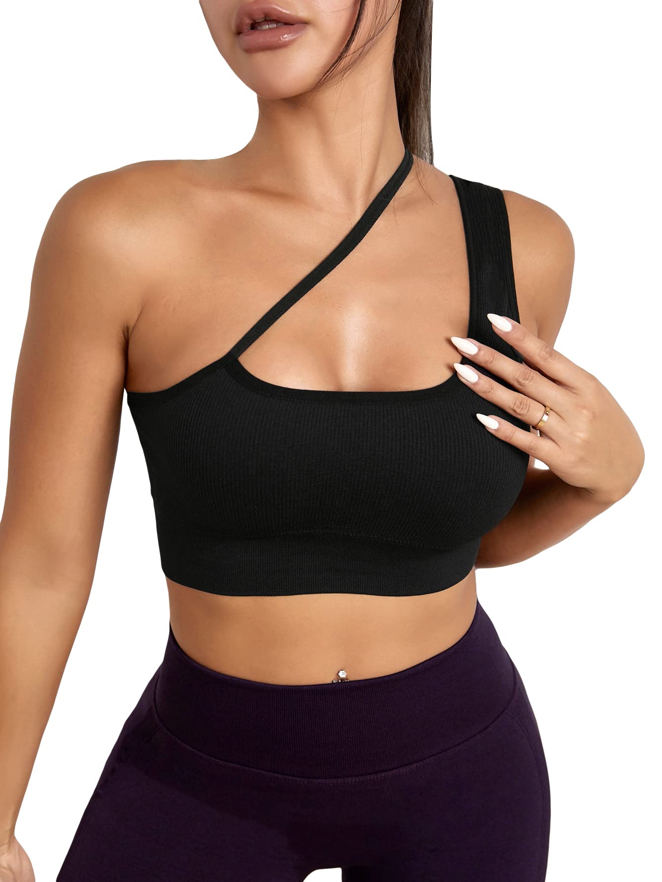 SOLY HUX Women's One Shoulder Sports Bra Cut Out Sleeveless Workout Running Yoga Crop Top Black S