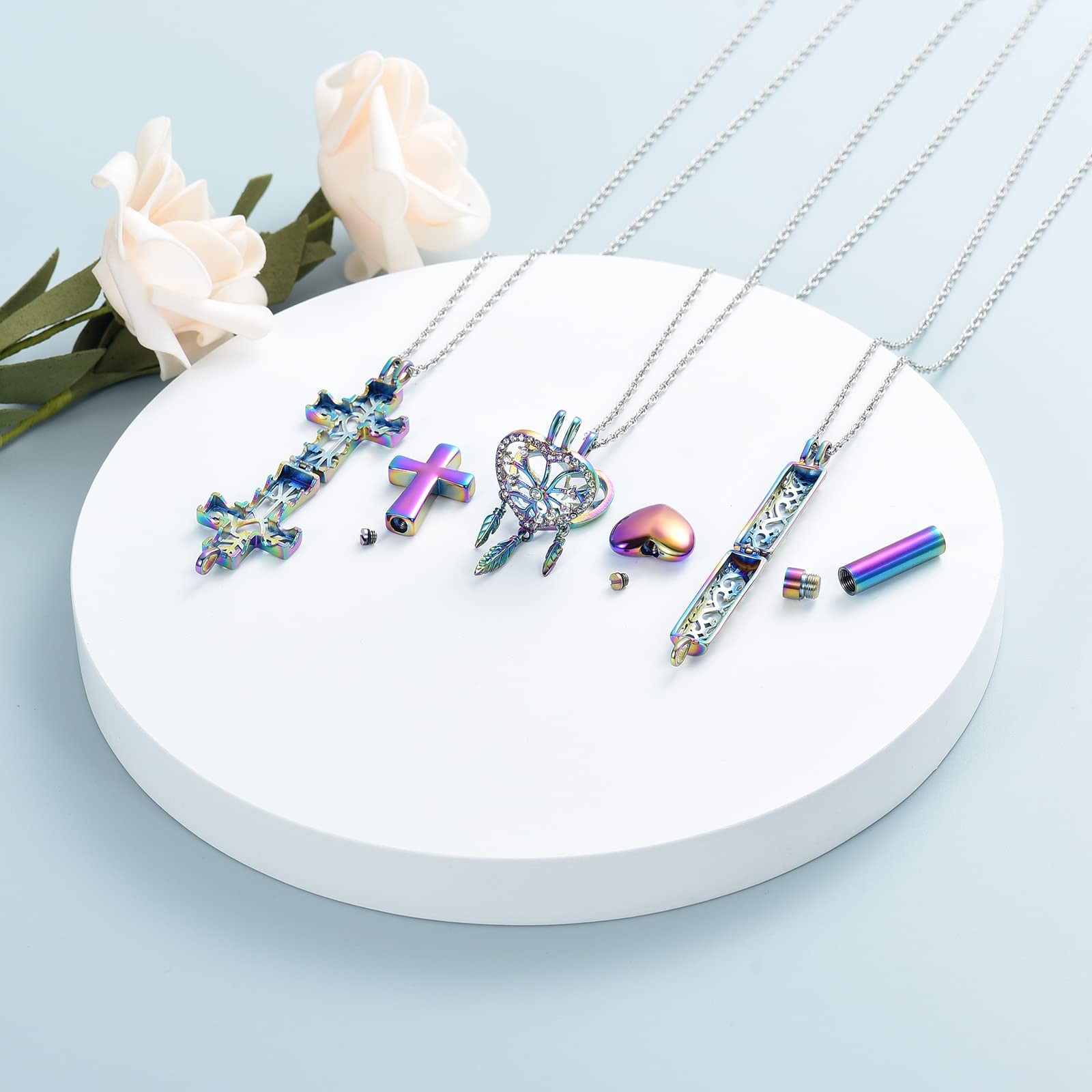 shajwo 3 Pack Cremation Urn Necklace for Ashes for Women Men Heart Cross Cylinder Cremation Jewelry for Ashes Loved One Memorial Keepsake Pendant,Full Rainbow