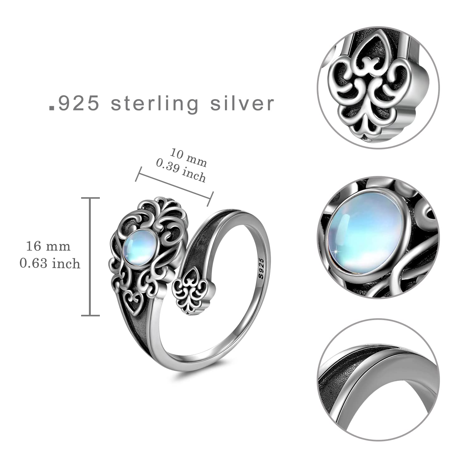 Moonstone Spoon Ring 925 Sterling Silver Open Adjustable Ring Oxidized Victorian Vintage Flower Thumb Rings for Women