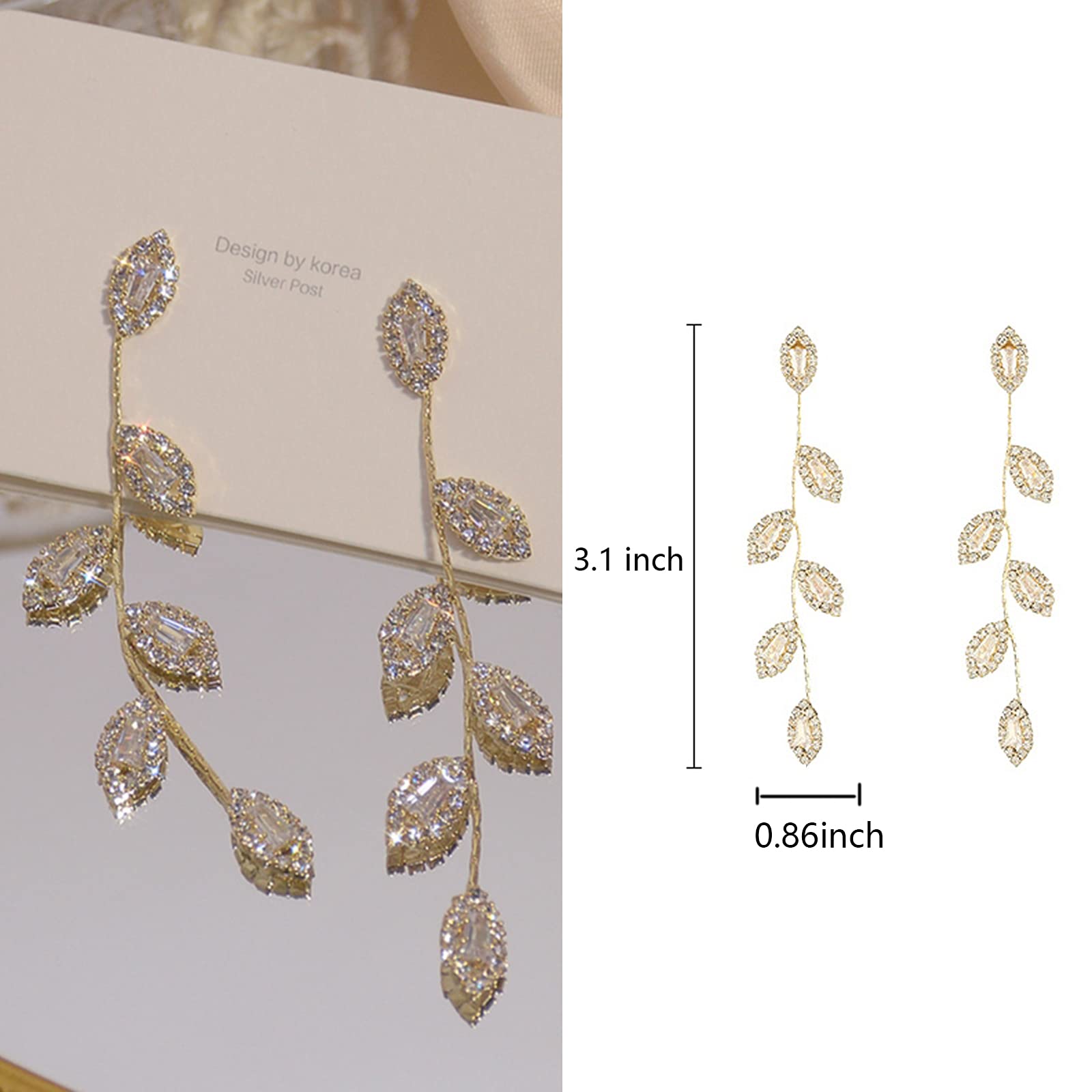 Dangling Earrings for Women, Elegant Rhinestone Delicate Leaf silver drop Long Earrings for Wedding,Bridal, Prom, Anniversary