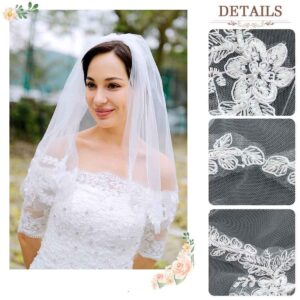 Unsutuo Bride Wedding Veil White Short Lace Bridal Veils Shoulder Length Veil with Comb for Women and Girls