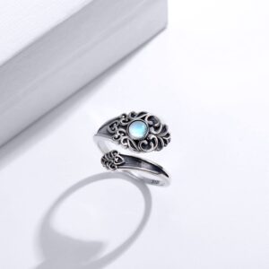 Moonstone Spoon Ring 925 Sterling Silver Open Adjustable Ring Oxidized Victorian Vintage Flower Thumb Rings for Women