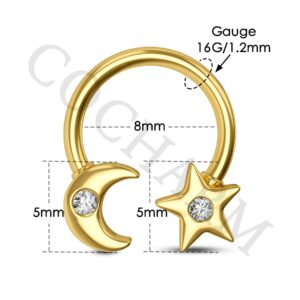 COCHARM Gold Septum Rings 16g, Star and Moon Septum Jewelry Horseshoe Septum Piercing 8mm Dainty Horseshoe Septum Rings Gold Horseshoe Daith Earring Hoop