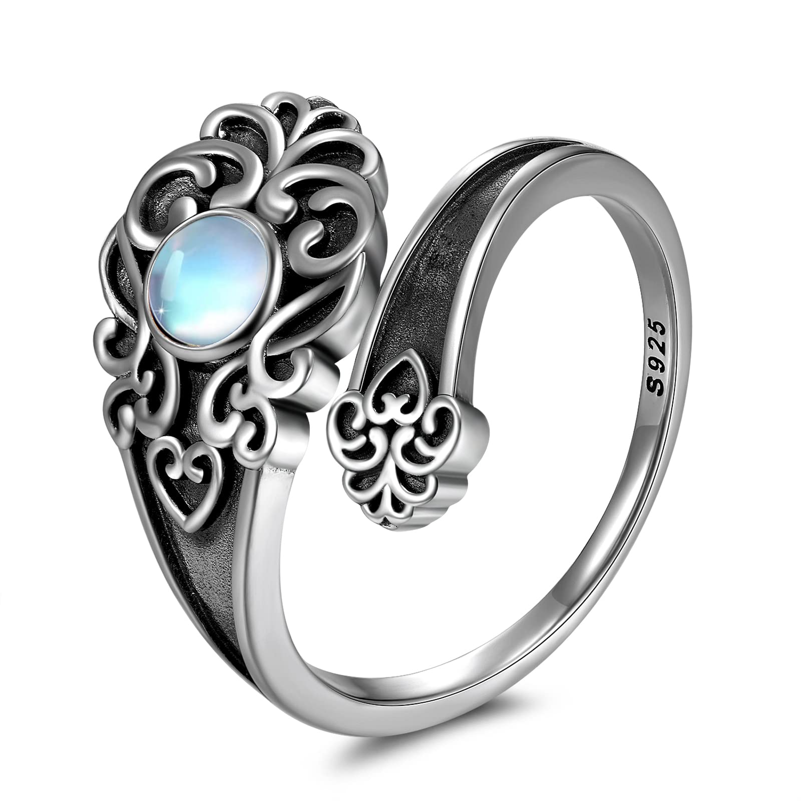 Moonstone Spoon Ring 925 Sterling Silver Open Adjustable Ring Oxidized Victorian Vintage Flower Thumb Rings for Women