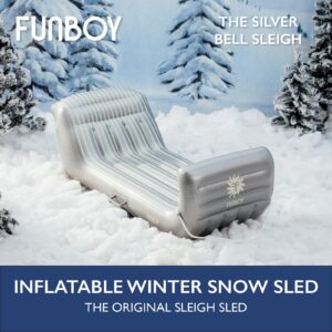 FUNBOY Inflatable Sleigh - Two Person Capacity Winter Snow Sled with Handles, Pull Rope, Rubber Base Tracks, Silver, Single