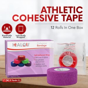 HEALQU Self Adhesive Bandage Wrap – Cohesive Tape for Athletic and Sports 1inx5yd, 12 Rolls - Self Adherent Medical Tape, Flexible, Elastic Bandages Multicolor for Wrist & Ankle Vet Wrap for Dogs