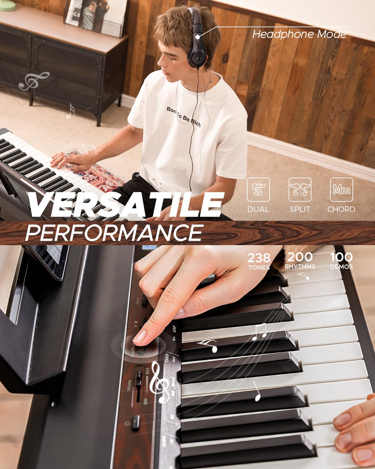 Starfavor SP-150W Digital Piano,88 Key Weighted Keyboard with Hammer Action,2x30W Speakers,200 Rhythms,238 Tones, Electric Piano Keyboard 88 Keys with Triple Pedal, Wood Grain Pattern, MIDI/USB