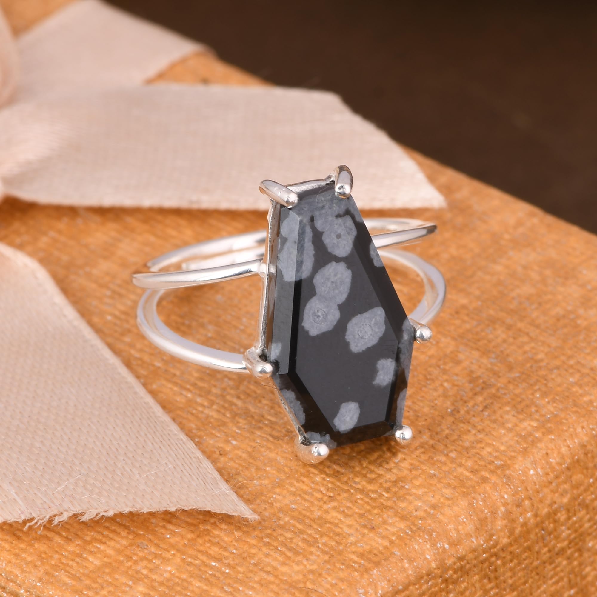 DHRUVANSH CREATIONS Snowflake Obsidian Coffin Silver Ring | Natural Snowflake Obsidian Sterling Silver 925 Handmade Coffin Ring | Handmade Jewelry (7.5)