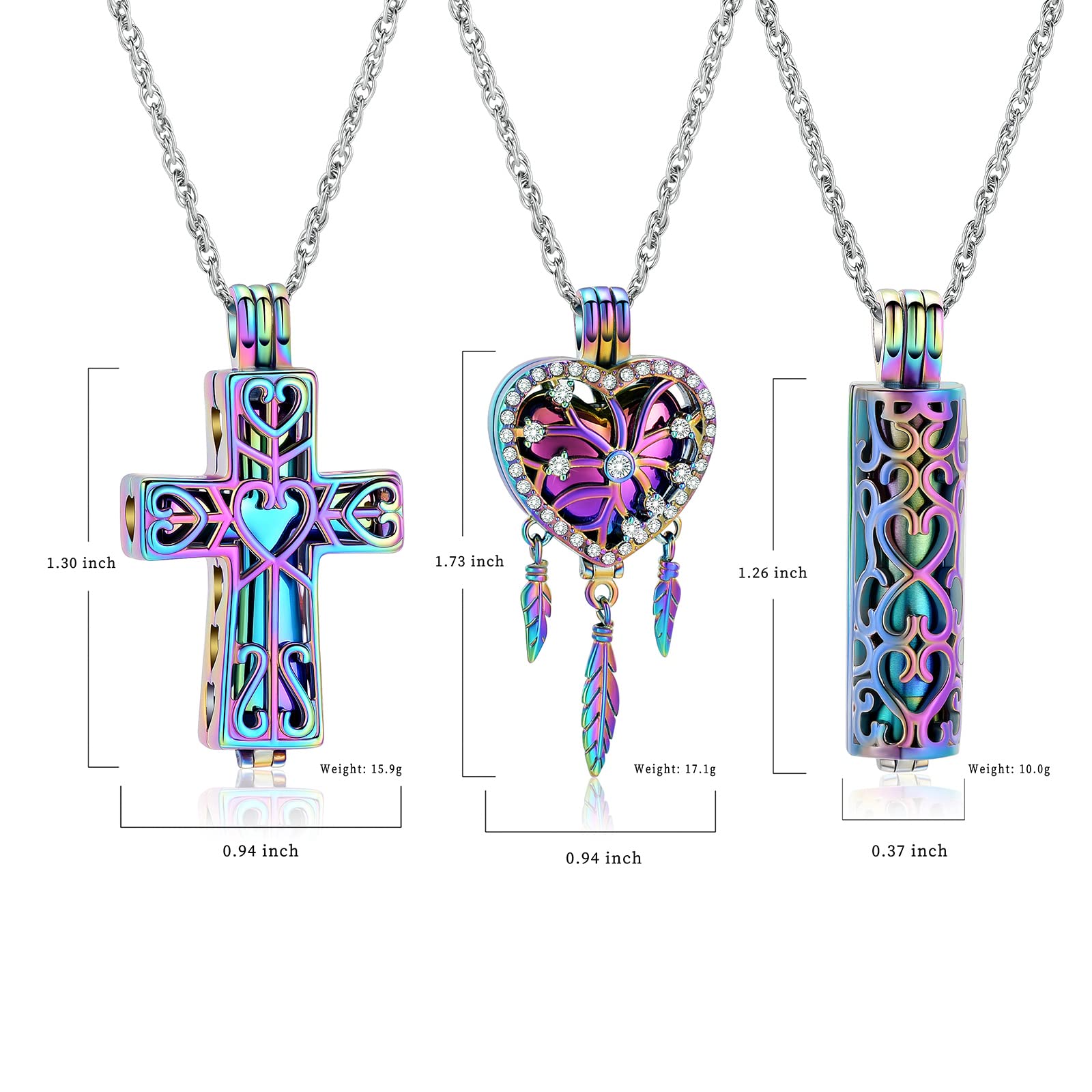 shajwo 3 Pack Cremation Urn Necklace for Ashes for Women Men Heart Cross Cylinder Cremation Jewelry for Ashes Loved One Memorial Keepsake Pendant,Full Rainbow