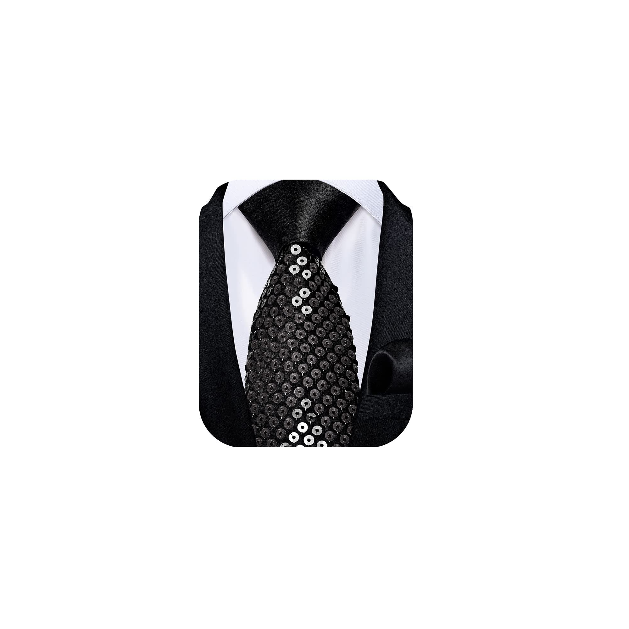 DiBanGu Black Tie Sequin Ties for Men Solid Color Skinny Tie and Pocket Square Set Wedding Party Formal Necktie