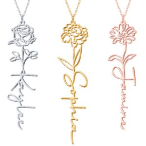 Yofair Name Necklace with Birth Flower 18K Gold Plated Floral Custom Necklace Personalized Bridesmaid Proposal Gifts for Women