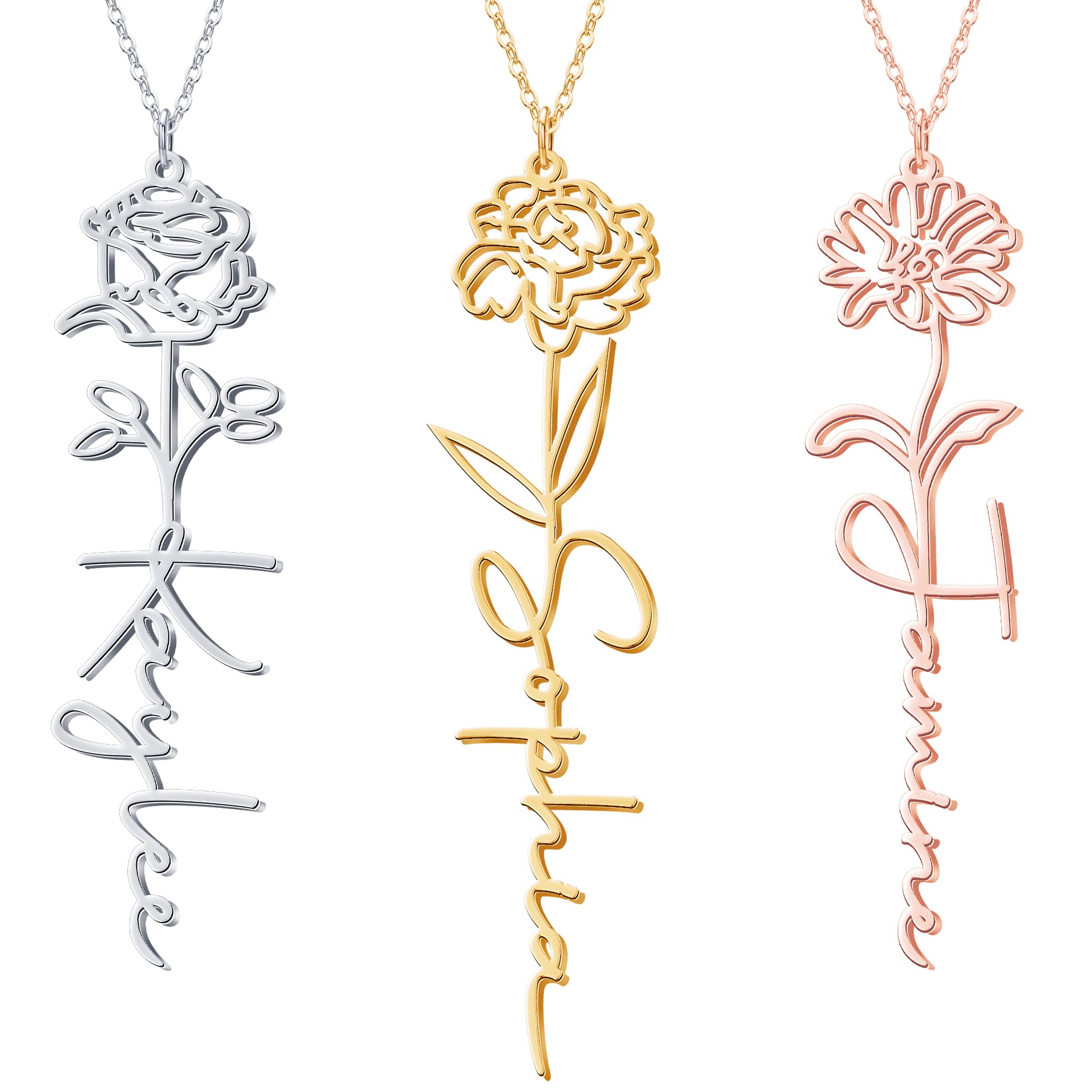 Yofair Name Necklace with Birth Flower 18K Gold Plated Floral Custom Necklace Personalized Bridesmaid Proposal Gifts for Women