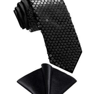 DiBanGu Black Tie Sequin Ties for Men Solid Color Skinny Tie and Pocket Square Set Wedding Party Formal Necktie