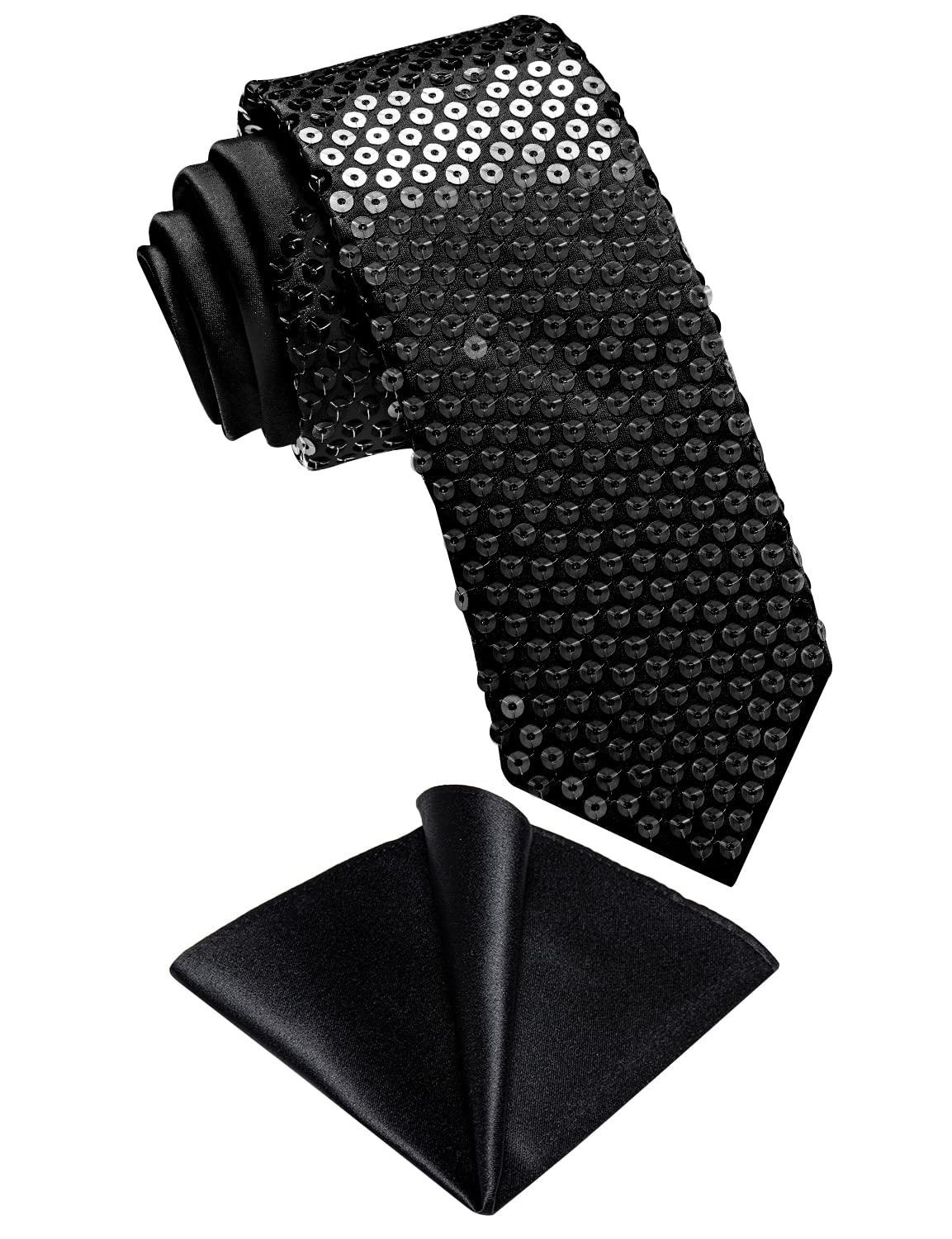 DiBanGu Black Tie Sequin Ties for Men Solid Color Skinny Tie and Pocket Square Set Wedding Party Formal Necktie