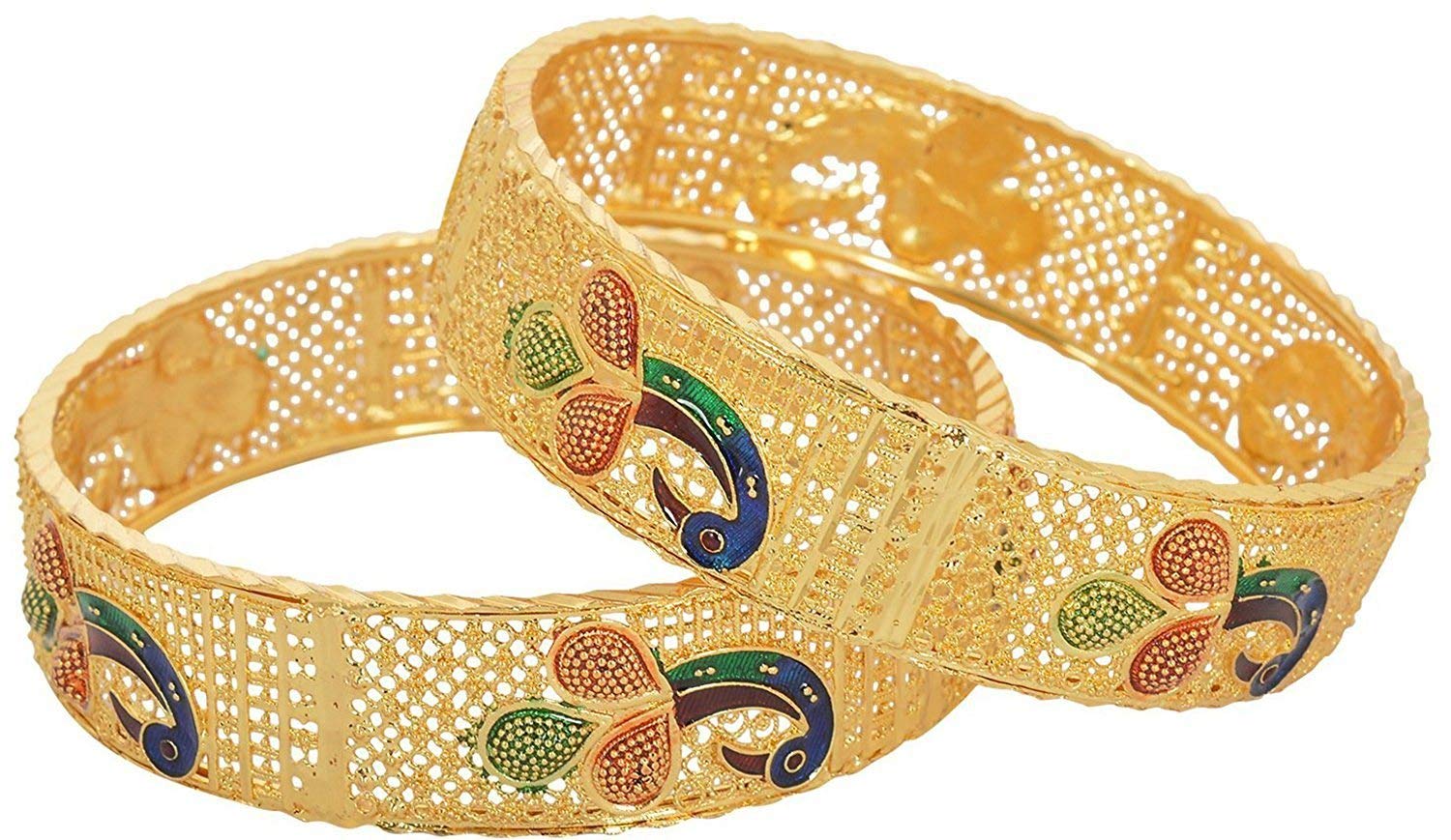 JewarHaat Kada Bangle Gold Plated Daily Use Design Handmade Meena Work Jewelry Indian Bangles for Women (Peacock-1, 2.6)