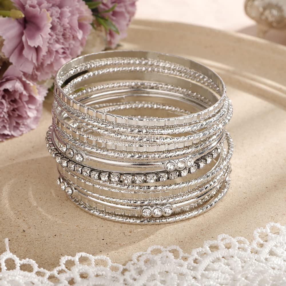 Rumtock 13pcs Boho Silver Bracelet Set for Women Girls Crystal Beads Stackable Bangle Hand Chain Punk Jewelry for Party