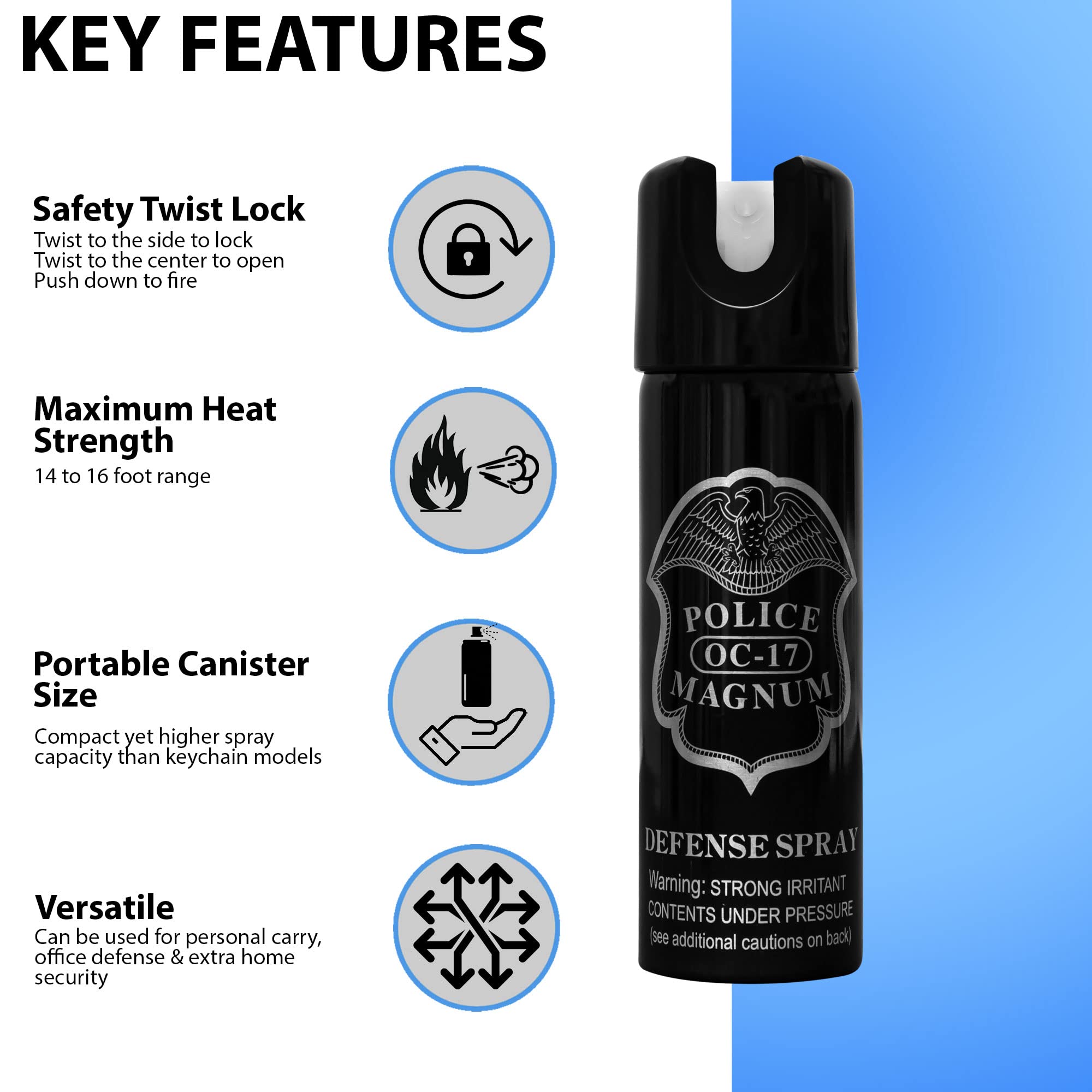 POLICE MAGNUM Pepper Spray Self Defense- Portable Max Strength Tactical Gear 3oz Twist Lock (Glow in Dark)