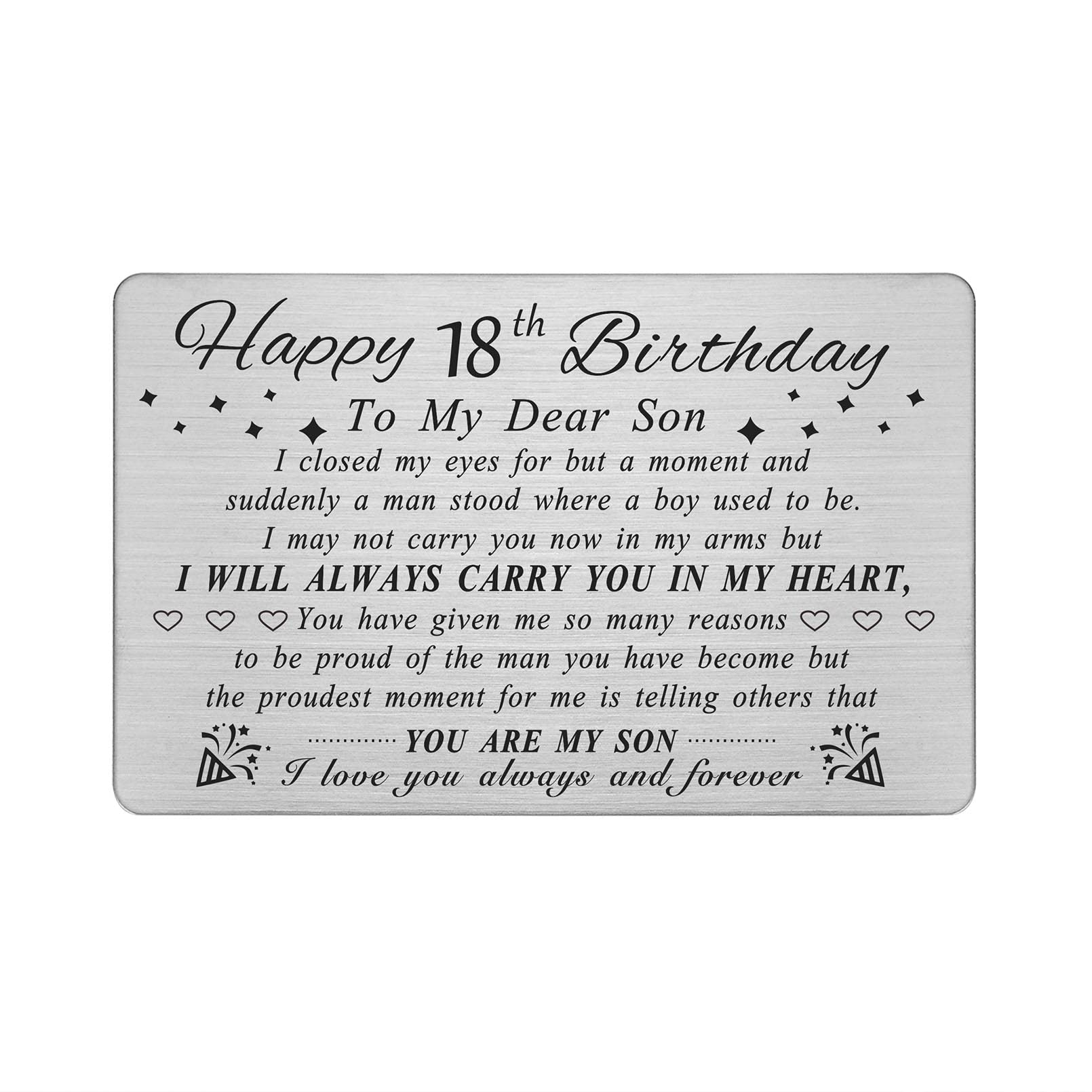 DEGASKEN Happy 18th Birthday Cards Gifts for Son, Son 18 Year Old Bday Card, Personalized Steel Engraved Wallet Card