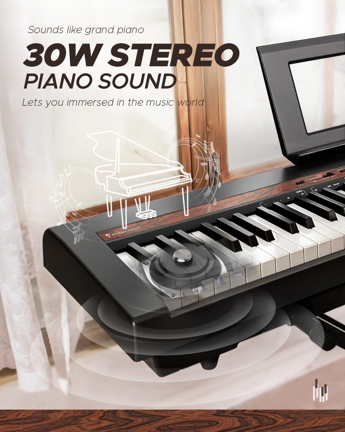 Starfavor SP-150W Digital Piano,88 Key Weighted Keyboard with Hammer Action,2x30W Speakers,200 Rhythms,238 Tones, Electric Piano Keyboard 88 Keys with Triple Pedal, Wood Grain Pattern, MIDI/USB