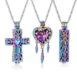 shajwo 3 Pack Cremation Urn Necklace for Ashes for Women Men Heart Cross Cylinder Cremation Jewelry for Ashes Loved One Memorial Keepsake Pendant,Full Rainbow