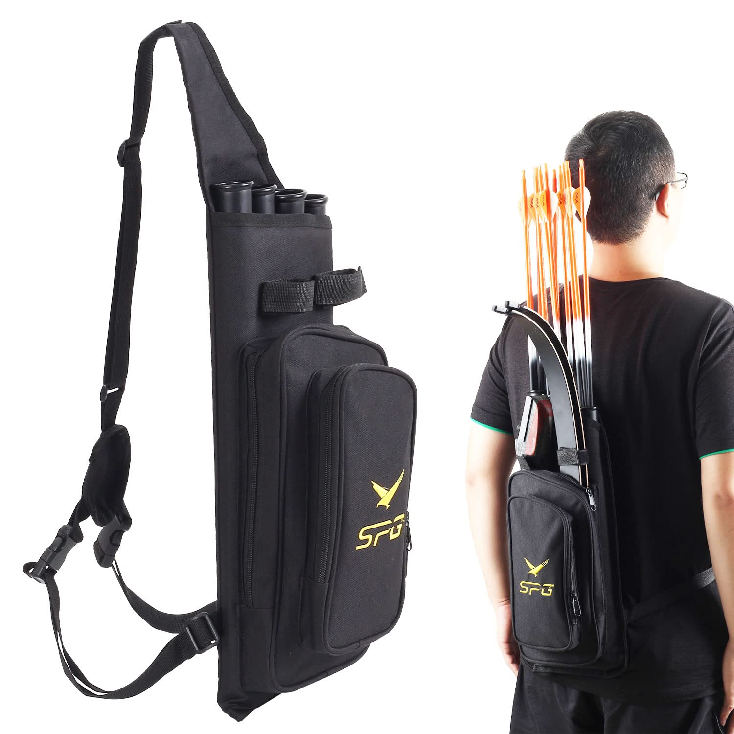 FENJANER Archery Back Arrows Quiver 4-Tubes Back Field Quiver Arrow Holder Shoulder Hanged Hunting Target Shooting Quiver with Front Pockets